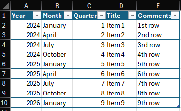 Screenshot of example excel table with year, month, quarter, title and comments columns.