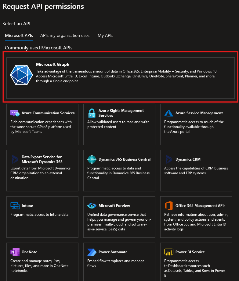 Screenshot showing the options presented when adding api permissions to a app registration in entra ID. There is a red box border around the Microsoft Graph option.
