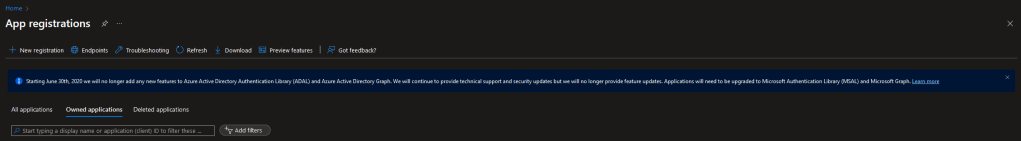 Screenshot showing the control bar for app registrations in Microsoft Entra ID