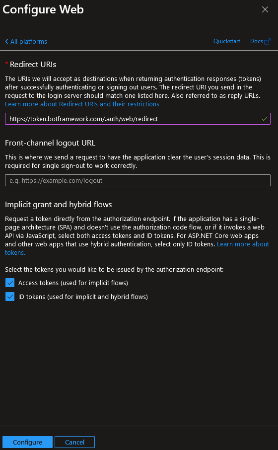 A screenshot showing the configuration requirements authentication settings in an app registration to be used in Copilot Studio.