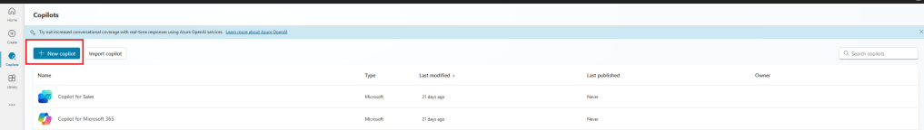 Screenshot showing the Microsoft Copilot Studio Copilots page. There is a red box around the New copilot button to indicate this should be pressed