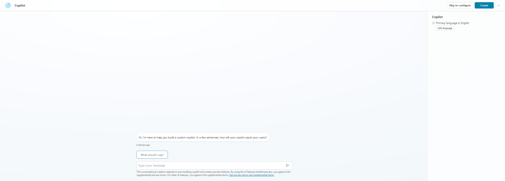Screenshot showing the natural language creation option for creating a Copilot.
