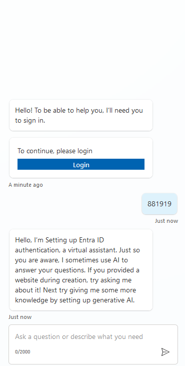 Screenshot showing a Microsoft Copilot Studio Copilot requesting authentication.