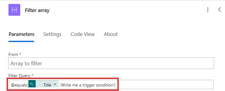Filter array step in 'edit in advanced mode' showing trigger conditon created.